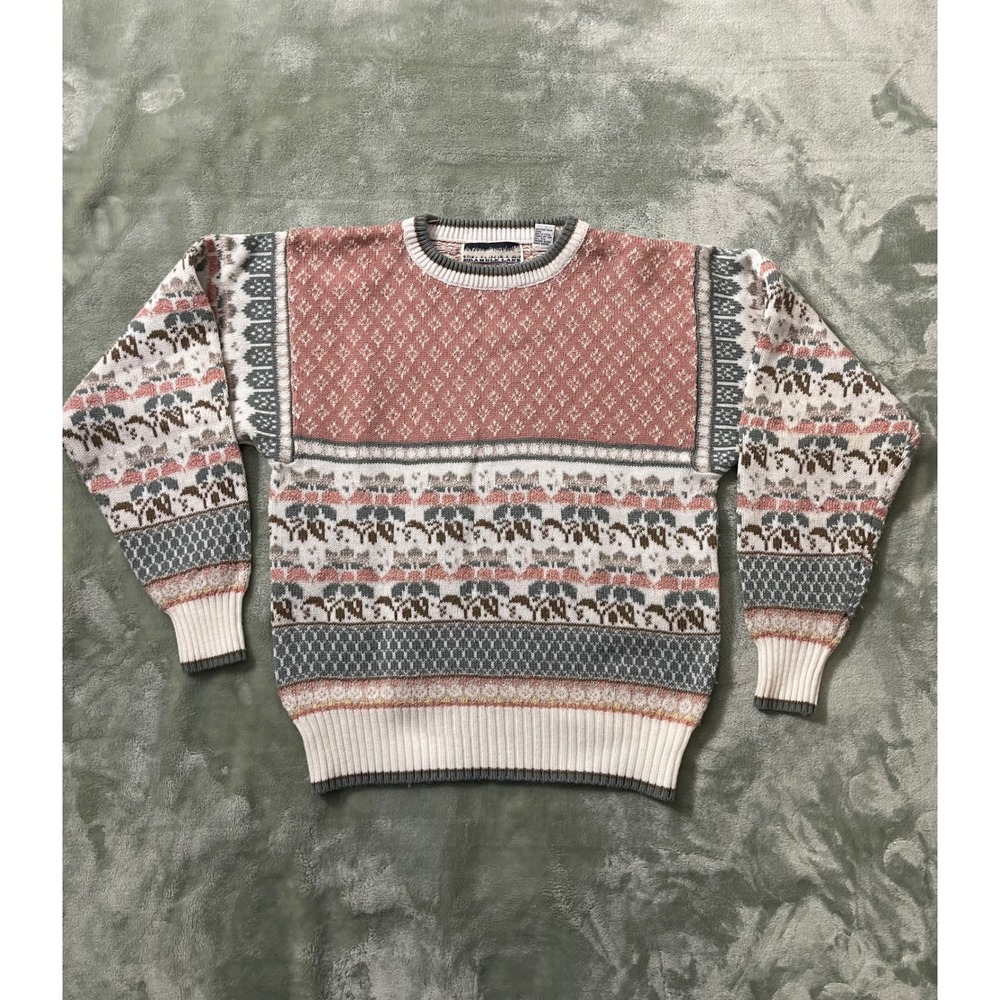 Bramble Lane Women's Size M Acrylic Floral Pattern Sweater‎ Pink Gray White